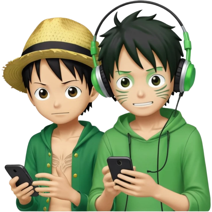Green Luffy and green Alastor listening to music together emoji