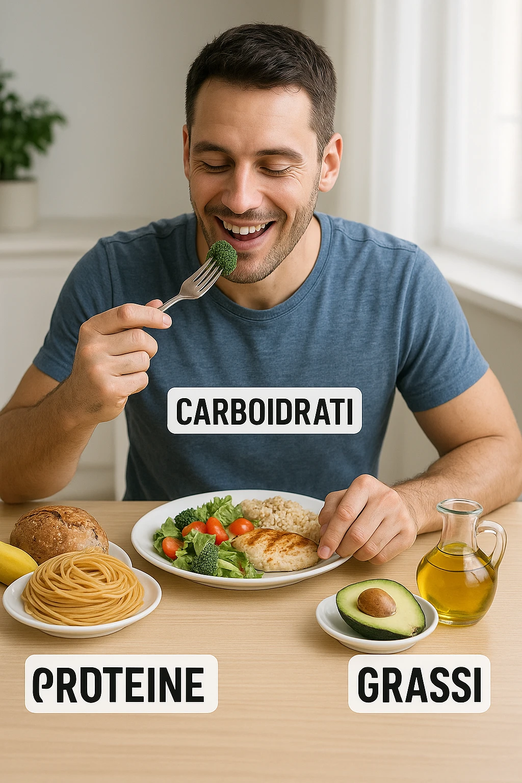 uomo che fa alimentazione attraverso i giusti macronutrienti. Scritte in ITALIANO immagine 4k realistica emoji