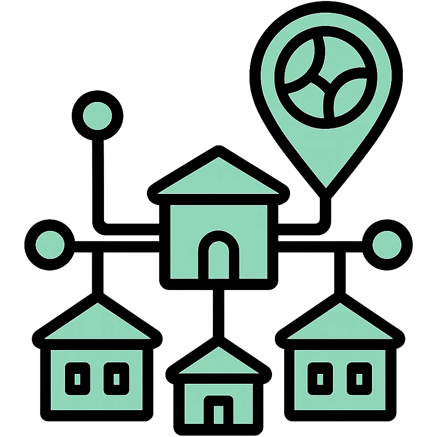 Local community buildings connected by network lines, map pin with districts, fluid dimensional design, techy style, black outlines with mint green #B5F4D3 fills emoji