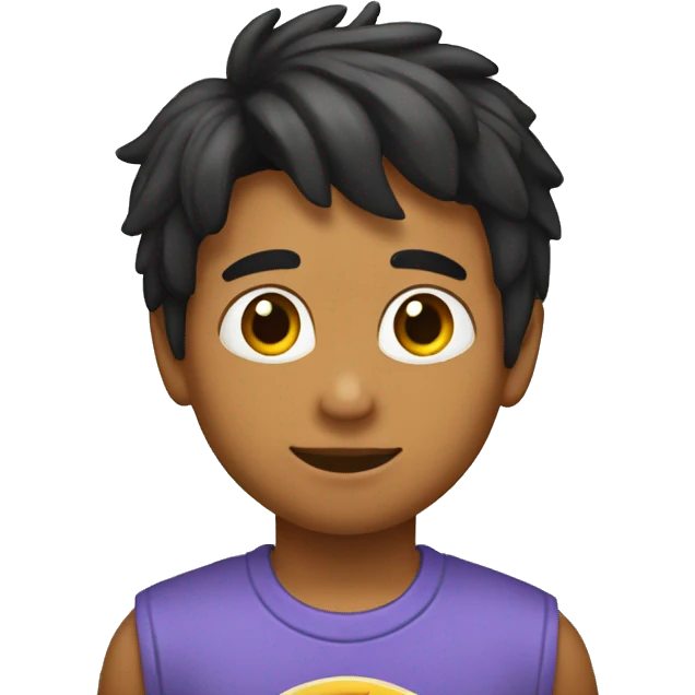 Niño con pelo negro con un yorki mesclado con salchicha emoji