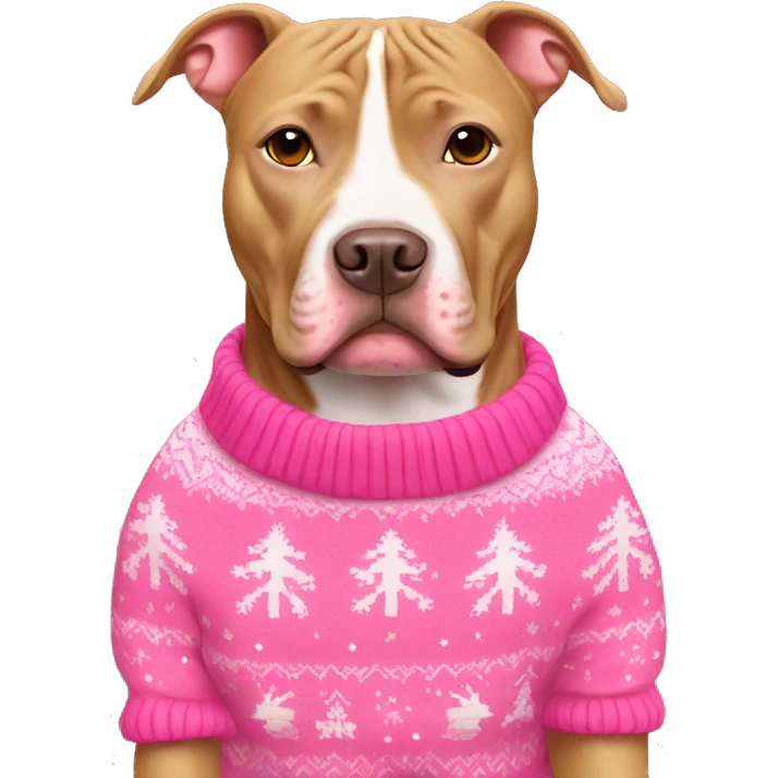 Tan pitbull wearing pink Christmas sweater emoji