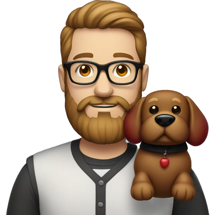 Heavy white young dad, with a big brown beard and black rectangle glasses and brown hair he’s holding a red balloon animal shaped like a dog emoji
