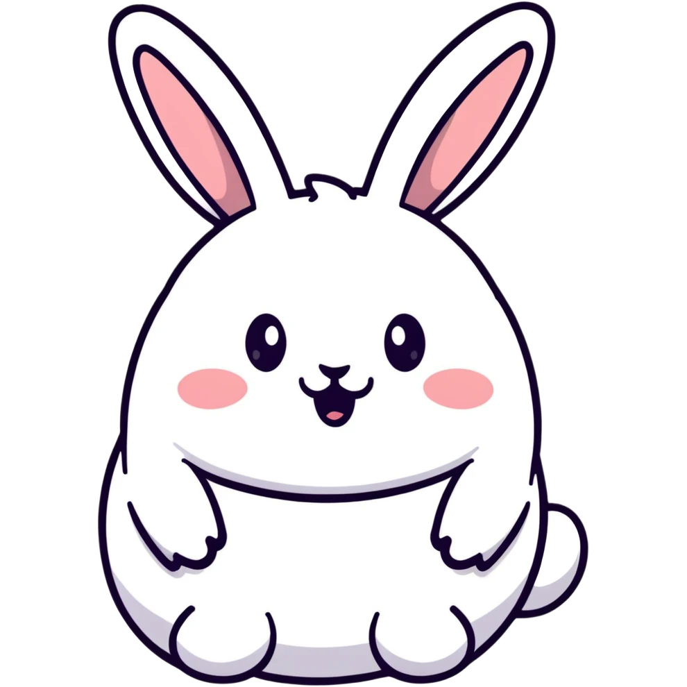 A chubby bunny in perfect Sanrio style like Hello Kitty, ultra simplified design, huge round head, tiny eyes and mouth, no nose, pastel colors, soft round shapes, tiny spikes, adorable expression, clean bold black outline, kawaii emoji