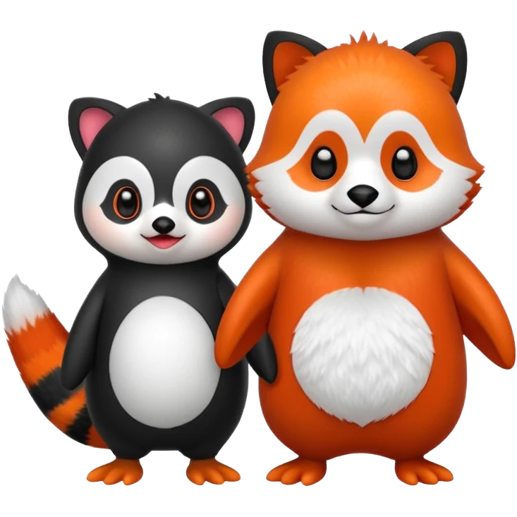 A cartoon  cute cartoon penguin. Next to it is a cartoon red panda holding its flipper  emoji