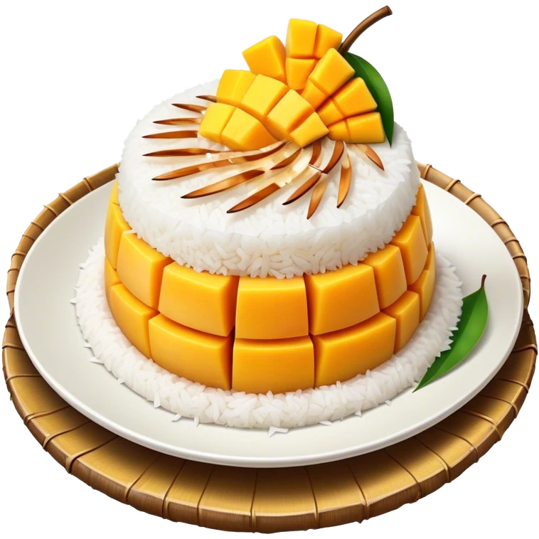 Mango Sticky Rice Cinematic Realistic Mango Sticky Rice Dessert Emoji, depicted as sticky rice drizzled with coconut milk topped with a layer of coconut cream, accompanied by sliced mango on the side of the plate, rendered with vivid textures and warm, tropical lighting. emoji