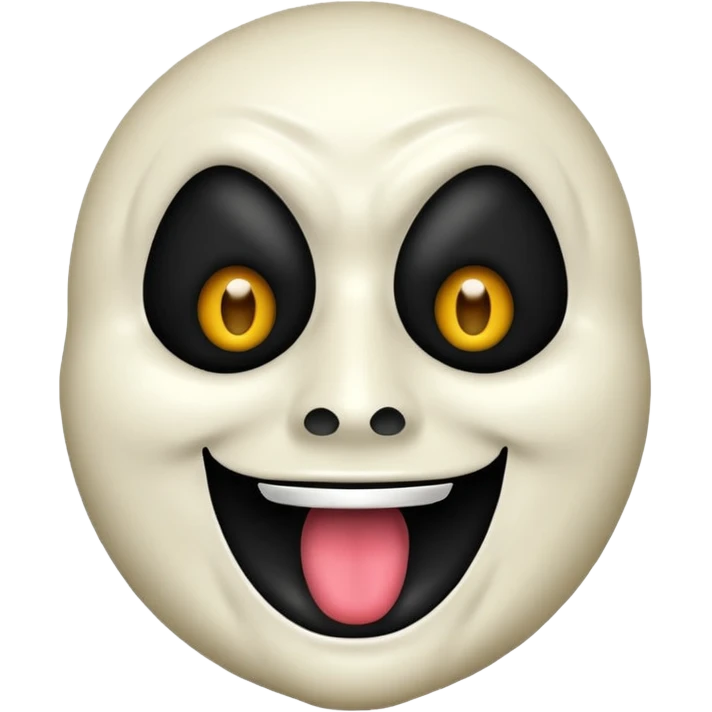 Um emoji estilo iOS do Ghostface, com sua icônica máscara branca e olhos e boca pretos, mas com um sorriso feliz. Ele usa um capuz preto e a forma geral do emoji deve ser arredondada e simplificada, semelhante a outros emojis do iOS. O fundo é transparente. emoji