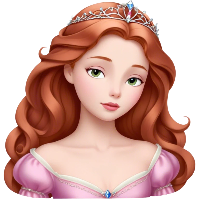 Cinematic Elegant Sleeping Beauty Portrait Emoji, rendered in a realistic, vector-style with minimal shading and bold, simplified shapes. Depict Aurora (Sleeping Beauty) (chest and above) with delicate porcelain skin, soft auburn hair styled gracefully, and gentle, dreamy eyes, dressed in her classic pink gown. The image glows with a soft, enchanting radiance and high shine, capturing timeless regal beauty. emoji
