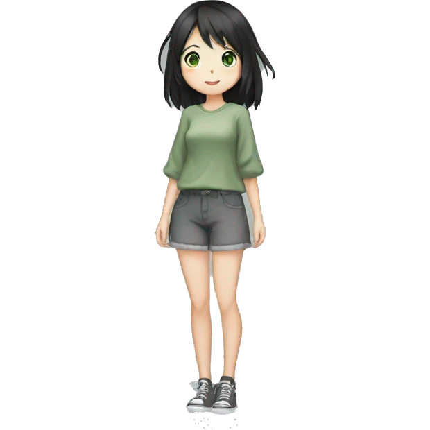 An anime-style girl with black hair down to her belly and gray-green eyes waves her hand emoji
