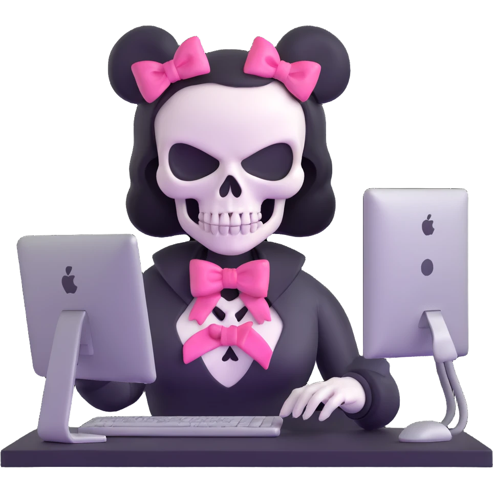 female Punisher skull character with pink bow working on computer emoji