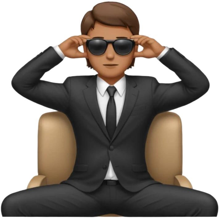 white man with brown hairs in formal suit wearing sunglasses resting with hands behind head emoji