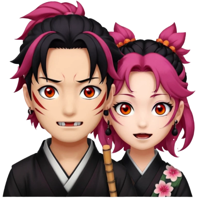 tanjiro male : Kind red eyes, black hair with burgundy tips, forehead scar, tanned skin, Hanafuda earrings.                             nezuko:   Pink eyes, black-orange hair, fangs, bamboo muzzle in mouth. emoji