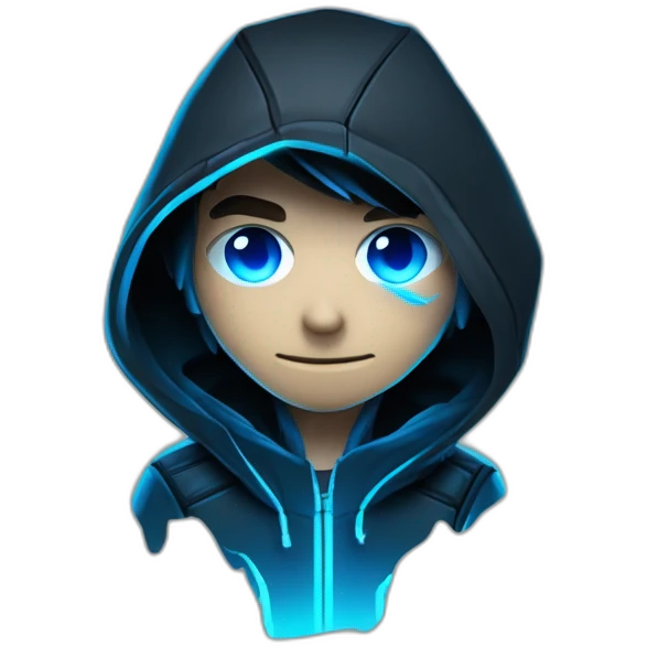 Young developer behind his laptop with this style : Crytek crysis video game neon glowing bright blue character blue black hooded assassin themed character emoji