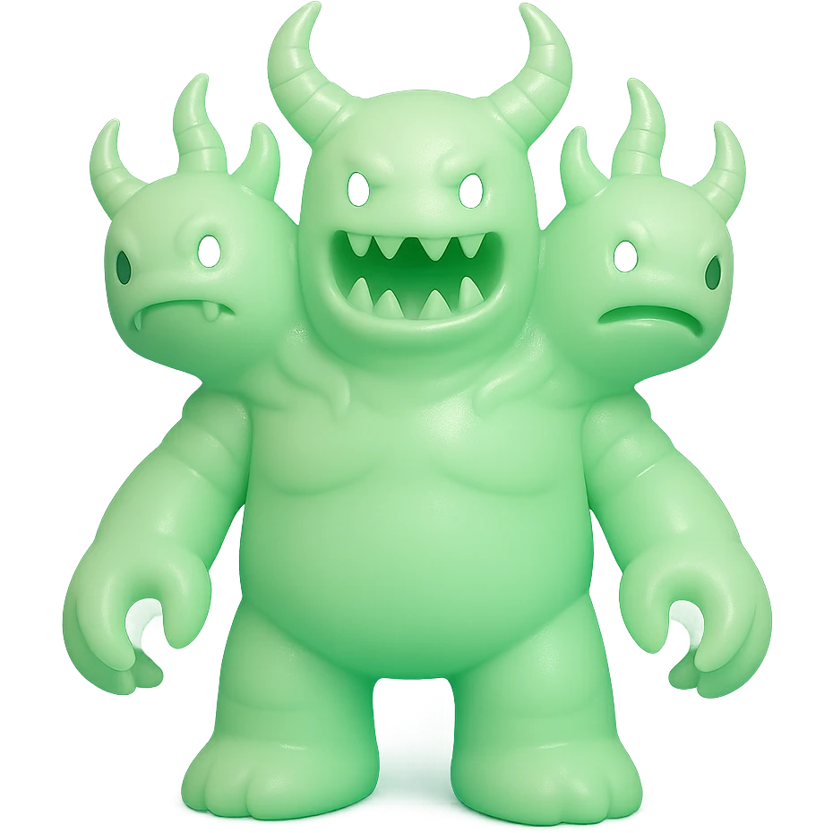 terrifying monster with multiple heads, twisted horns, clawed hands, eerie green glow, vinyl figure style emoji
