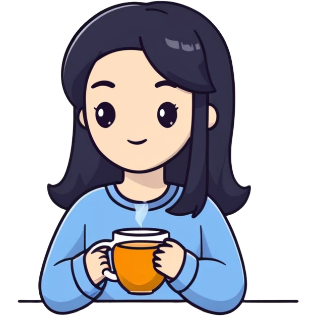 white girl with black hair, self care moment, holding a cup of tea, relaxed emoji