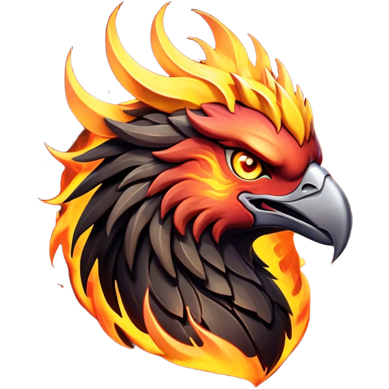 Cinematic Fierce Battle-Hardened Mystical Fire Phoenix Portrait Emoji, head tilted with an aggressive, unwavering gaze that speaks of relentless combat. The flame-kissed form is marked by rugged, charred feathers and vivid battle scars. Its blazing eyes radiate raw intensity and steely resolve, rendered with lifelike detail and stark natural lighting, high shine, channeling an aura of unyielding warlike energy and valor, softened by a dynamic glowing outline that highlights its battle-earned ferocity. emoji