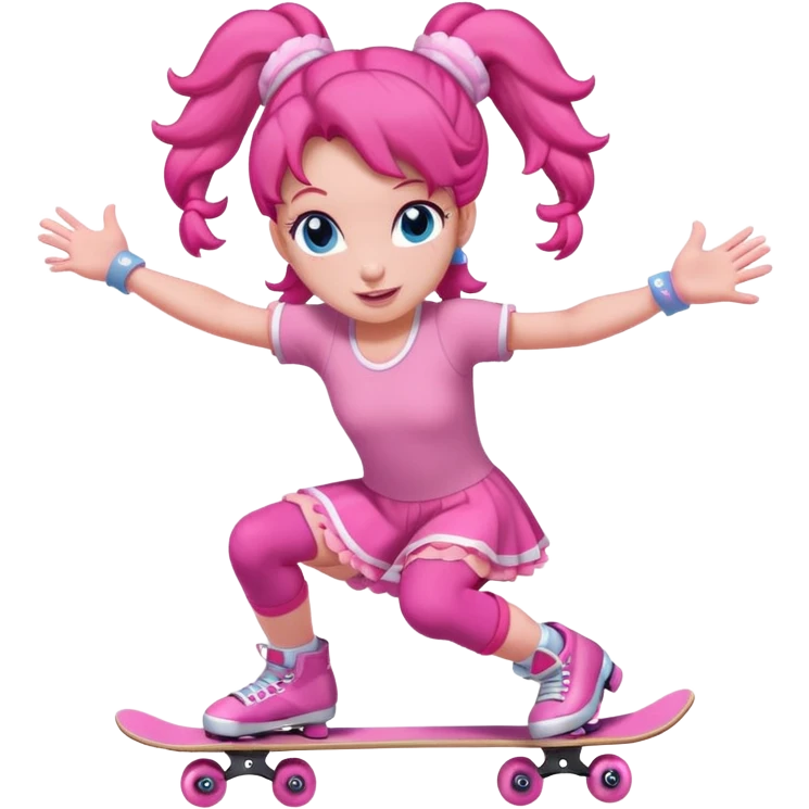 Cute skater girl pinkie pie with two buns and pink outfit, gliding with playful energy. emoji