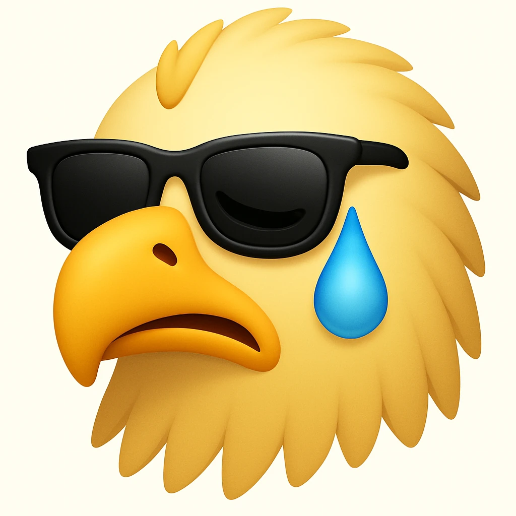 Make the yellow eagle with sunglasses, winking, look sad in the style of emoji style (apple style emojis). emoji