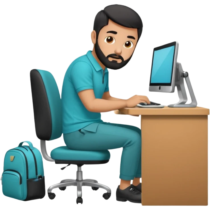 man with black short male hair and black hair and beard and hes in a office with his grey backpack on the floor and he has a tourquose polo shrit with gre dress pants and hes working at a hotel  hes on the co,ptuer  at his desk and he inly has one backpack its on the floo emoji
