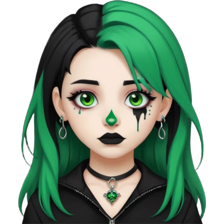 Goth girl with black and green split dye hair and nose piercings emoji