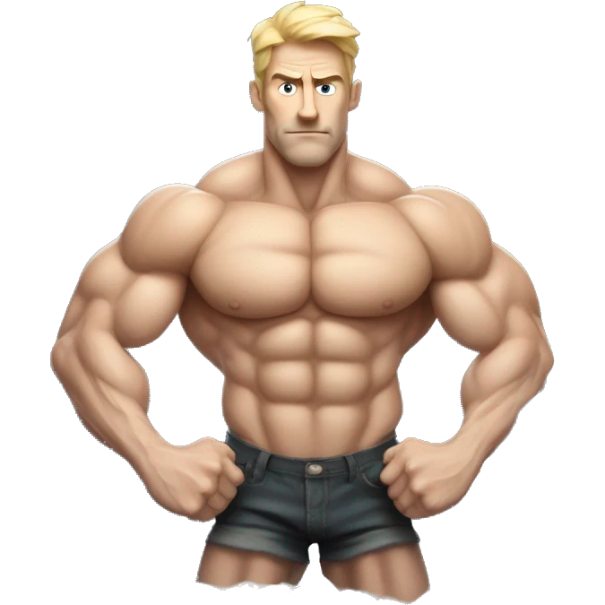 A very very very hyper-muscular white man with veins prominently visible across his arms and chest. The individual has an exaggerated physique, with massive arms crossed over a well-defined six-pack, creating a surreal and intense visual. emoji