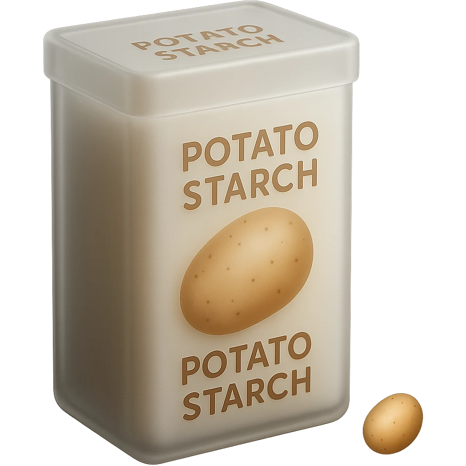 Make the potato starch box match the form and proportions of the reference image: a tall, rectangular box with a flat top and rounded edges, similar to the cornstarch box shown. Keep the box beige or pale yellow, with a potato illustration and the label 'POTATO STARCH' in warm-colored letters. Minimal, clean, 3D, soft lighting, transparent background, emoji scale. emoji