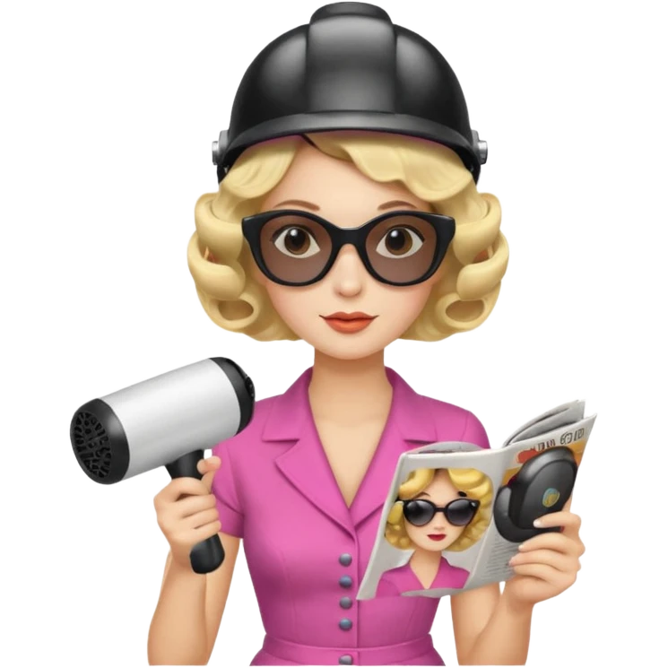 Emoji de mujer con casco secador, gafas de sol, rulos y leyendo revista, estilo vintage chic emoji