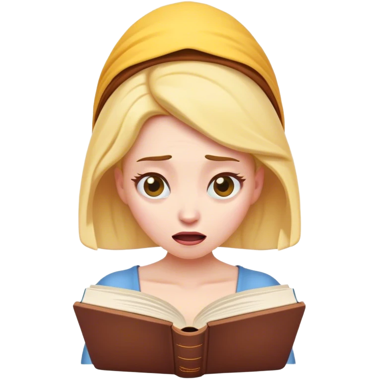 Cinematic Funny Belle Portrait Emoji, Looking exasperated as a book lands on her head, one eye twitching, caught in a hilariously relatable moment of book-lover clumsiness! emoji