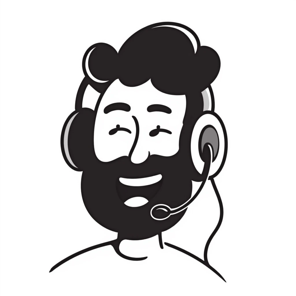 laughing man with black hair, brown eyes, black beard wearing gaming headset emoji