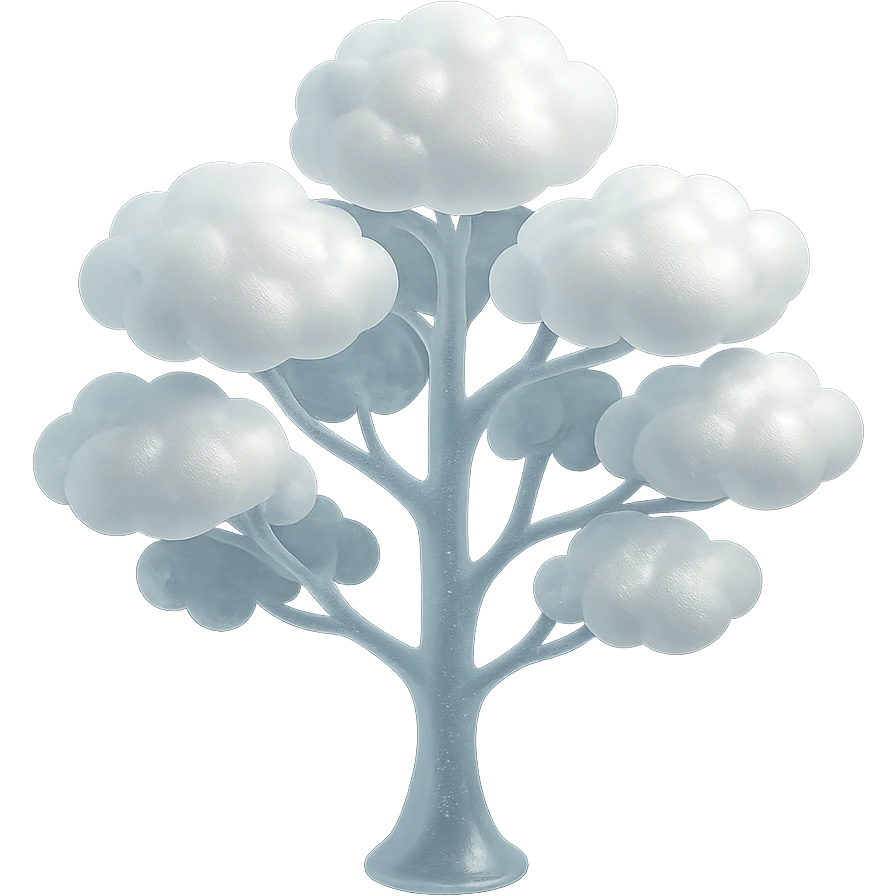 one tree with many branches and a white trunk, crown made of small very bright white fluffy convex clouds, matte glass style emoji