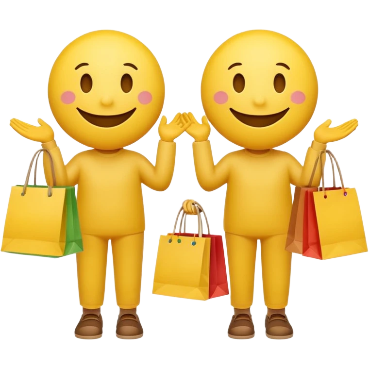 2 HAPPY SMILEY FACE EMOJI WITH HANDS AND FEET WITH SHOPPING BAGS IN EACH HAND emoji