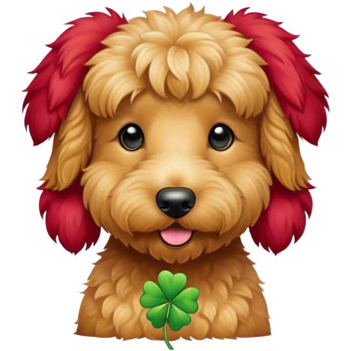 Red golden doodle with clover emoji