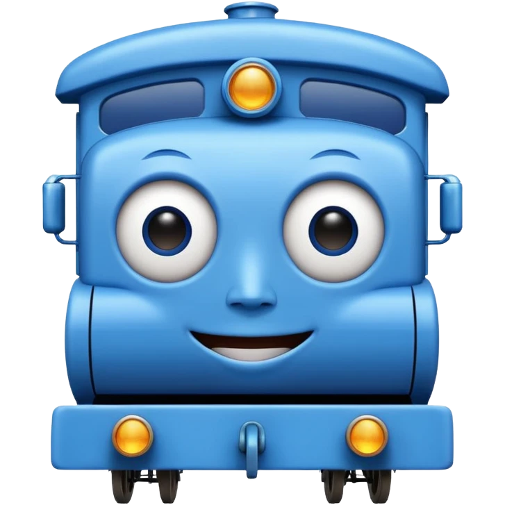 An square blue train with a human face at the front emoji