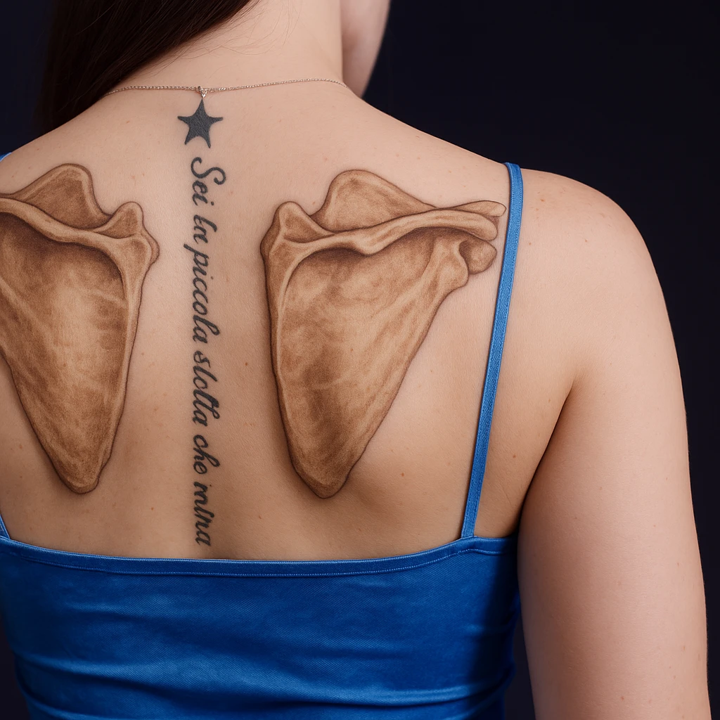 Add well-visible and detailed anatomical scapulae on the woman's back in a realistic and anatomical style, maintaining the natural skin appearance and the original position. emoji