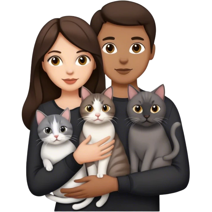brunette couple holding four cats, two gray cat and a white and a black cat emoji