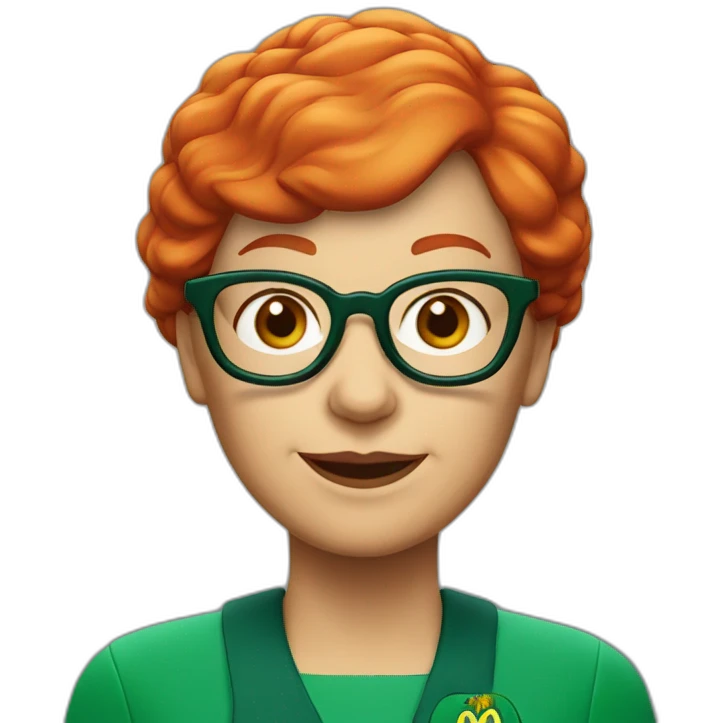 Old lady with red hair and glasses with green mcdonalds uniform and cap emoji