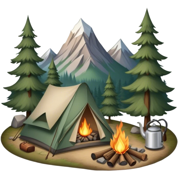 Icon for Hiking: a tent, and a kettle over a campfire, surrounded by trees and a mountain trail, a backpack, a walking stick. The icon should capture the adventure and warmth of camping. Transparent background. emoji