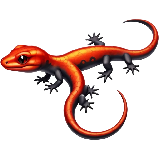 Salamander with black scales and fiery red flashes on its body, sleek and reptilian appearance emoji