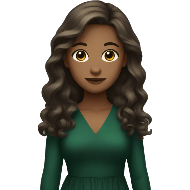 girl with brown long wavy hair, brown eyes, dark green dress emoji
