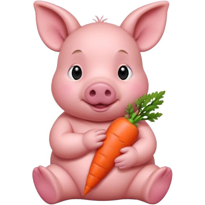 Baby Sitting Piglet – chubby piglet sitting down holding a toy carrot emoji