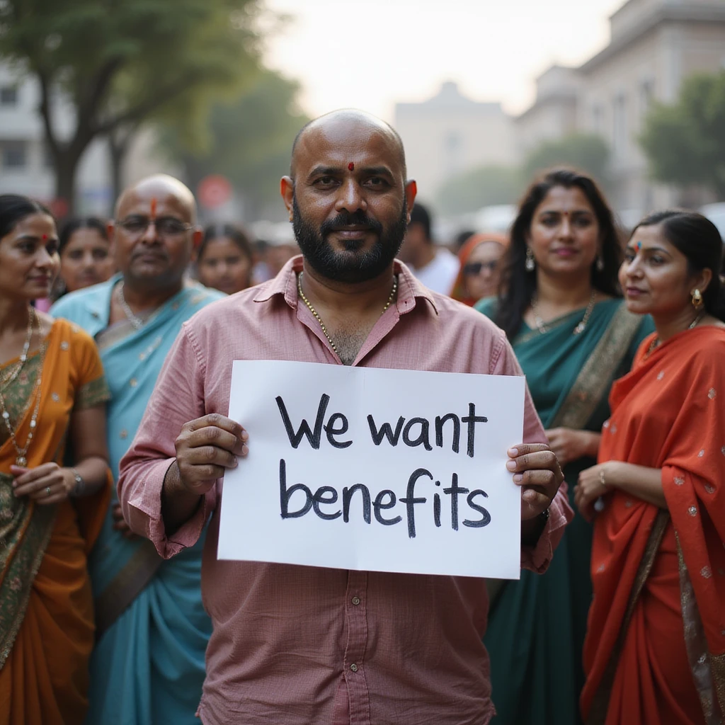 group of indian customers holding a board written "We want benefits" emoji
