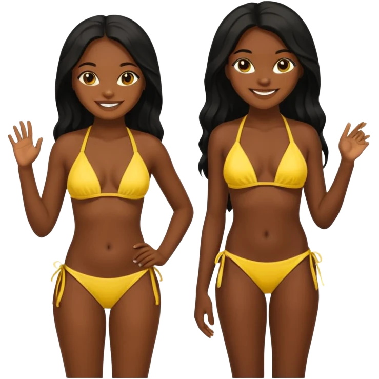 Dark black skin, african girl, long black hair, yellow bikini smiling, full body, posing emoji
