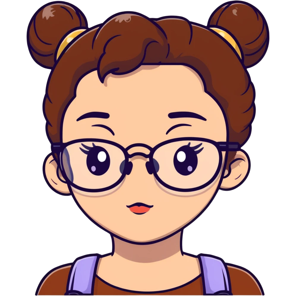 23-year-old girl with square thin glasses, brown curly hair in a high bun, big eyes and lashes, small nose and mouth, thin hoop nose piercing emoji