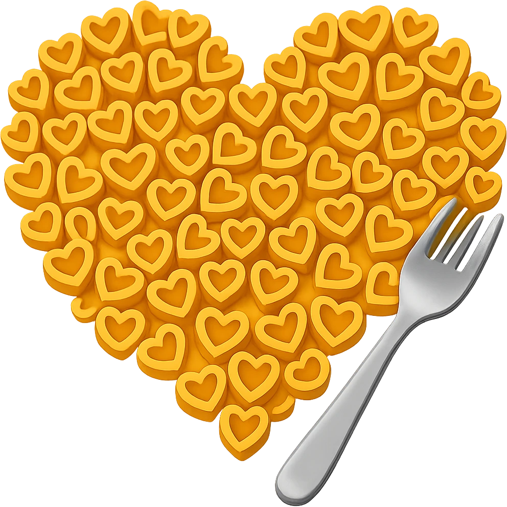 Add a silver fork next to the heart made of macaroni pasta in the style of emoji. Keep the emoji style look and no background. emoji