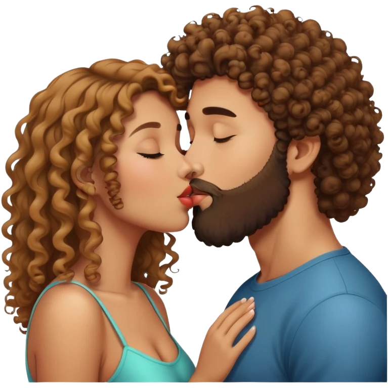 Curly haired girl kissing straight hair man with beard, romantic couple kiss emoji