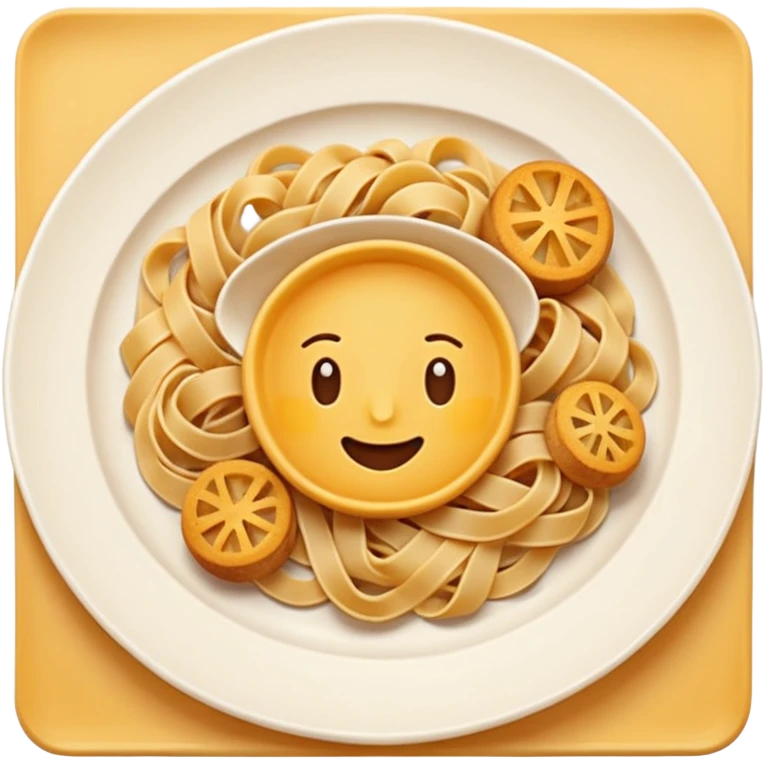European cuisine humanless avatar in modern emoji-style illustration. Plate with pasta and bread, neutral warm colors, simple shapes, flat design, elegant and friendly. emoji