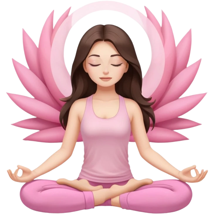 Brunette long hair Woman wearing pastel pink with eyes closed and long eyelashes doing yoga mediation  emoji