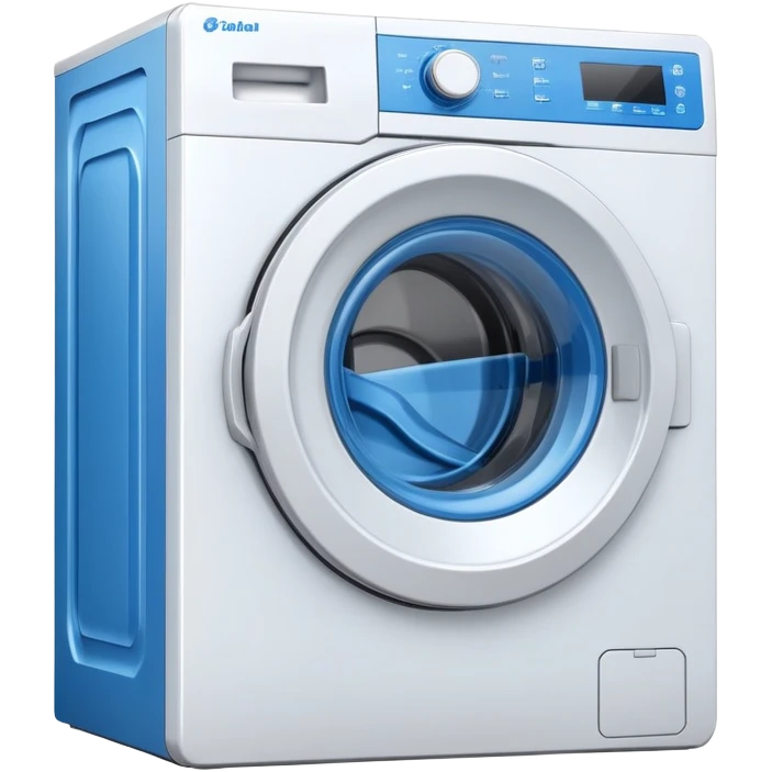 white washing machine with blue door and control panel emoji