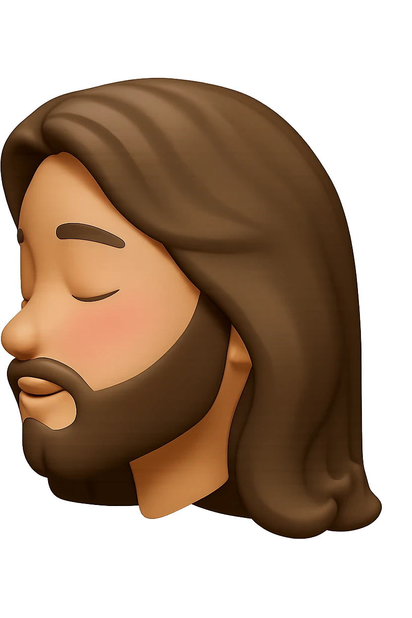 Edit the image to depict Jesus head in side profile view with closed eyes and a slight blush. The style should resemble Apple emoji style with a 3D look and soft shading, on a transparent background. emoji
