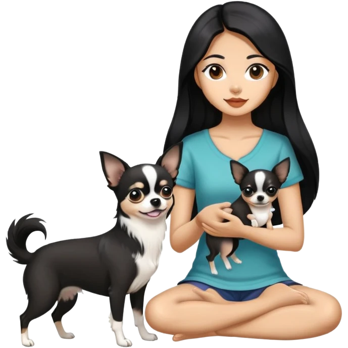 Thai woman with flowing black hair playing with a black and white Chihuahua dog emoji