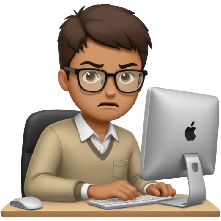 young programmer working at the computer, angry emoji